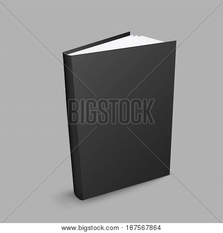 Standing closed black book with shadow on gray background. Empty cover template. Education literature symbol. Author writer show product