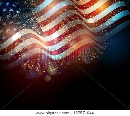 United States flag. Fireworks background for USA Independence Day. Fourth of July celebrate