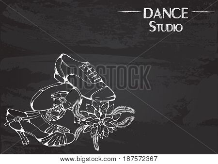 Monochrome vector illustration of ballroom latina shoes on abstract grunge background. Design for flyers, magazines and commercial banners. Series of dancing men and dance accessories on chalkboard.