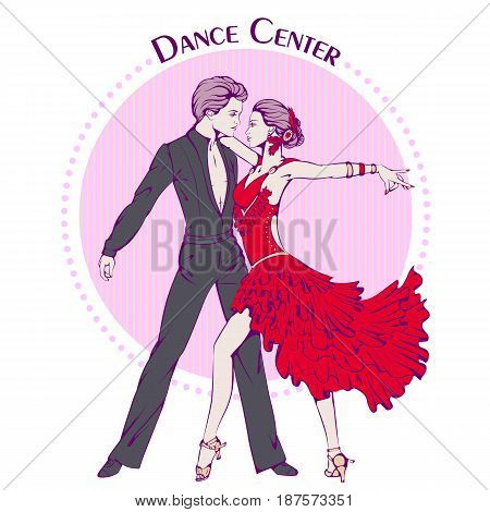 Color vector illustration of young couple dancing latina on color background. Dance Icon. Design for flyers, magazines and commercial banners. Series of dancing men and dance accessories.