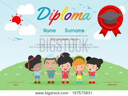 Certificates kindergarten and elementary, Preschool Kids Diploma certificate background design template, Diploma template for kindergarten students, Certificate of kids diploma, vector illustration