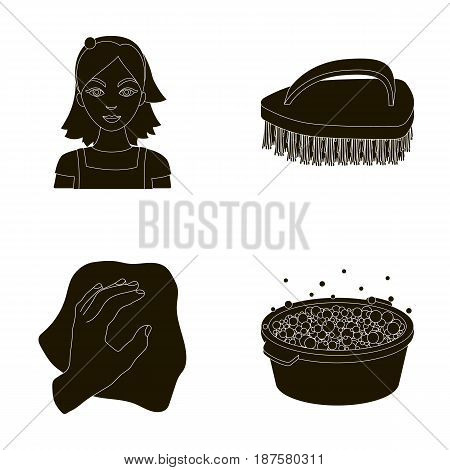 A cleaning woman, a housewife in an apron, a green brush, a hand with a rag, a blue wash hand basin with foam. Cleaning set collection icons in black style vector symbol stock illustration .