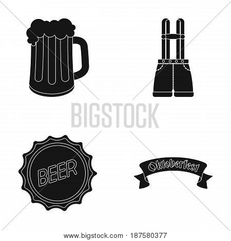 Shorts with suspenders, a glass of beer, a sign, an emblem. Oktoberfestset collection icons in black style vector symbol stock illustration .
