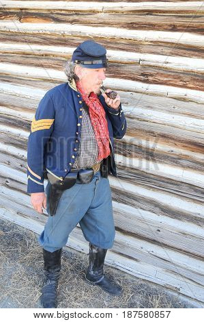 JULY 24, 2015. CASPER, WY. CIRCA:  Calvary reenactor soldier posing outside in Casper, Wy.