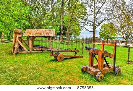 Old cannons at the Chinon Castle - France. UNESCO world heritage site