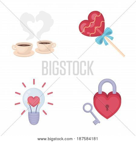 Cups with coffee, valentine, lamp, lock with key. Romantic set collection icons in cartoon style vector symbol stock illustration .