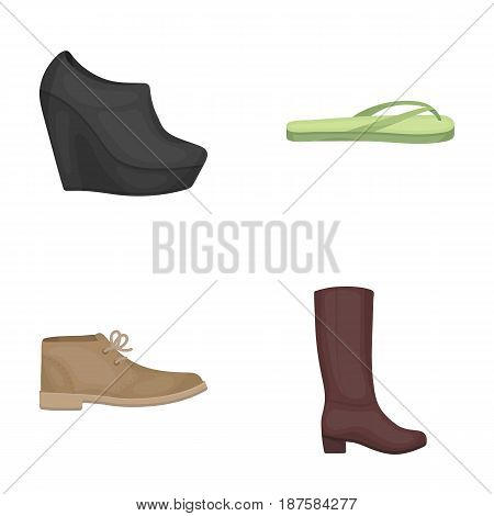 Autumn black shoes on a high platform, flip-flops green for relaxation, sandy men s autumn shoes, high brown boots. Shoes set collection icons in cartoon style vector symbol stock illustration .