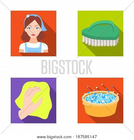 A cleaning woman, a housewife in an apron, a green brush, a hand with a rag, a blue wash hand basin with foam. Cleaning set collection icons in flat style vector symbol stock illustration .