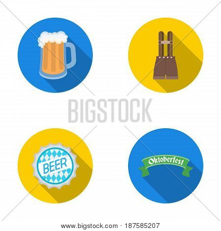 Shorts with suspenders, a glass of beer, a sign, an emblem. Oktoberfestset collection icons in flat style vector symbol stock illustration .