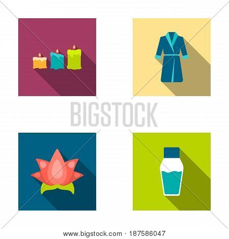 Multicolored candles with a flame, a blue robe with a belt, a lotus flower with petals, a bottle of cream. Spa set collection icons in flat style vector symbol stock illustration .