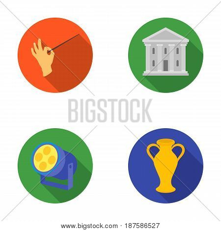 Conductor s baton, theater building, searchlight, amphora.Theatre set collection icons in flat style vector symbol stock illustration .