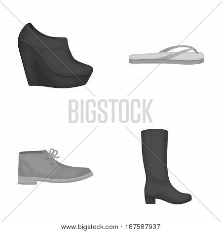Autumn black shoes on a high platform, flip-flops green for relaxation, sandy men s autumn shoes, high brown boots. Shoes set collection icons in monochrome style vector symbol stock illustration .