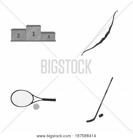 Pedestal of honor for the winners, bow for shooting arrows, racket with a ball for the tennis, hockey stick and puck. Sports set collection icons in monochrome style vector symbol stock illustration .