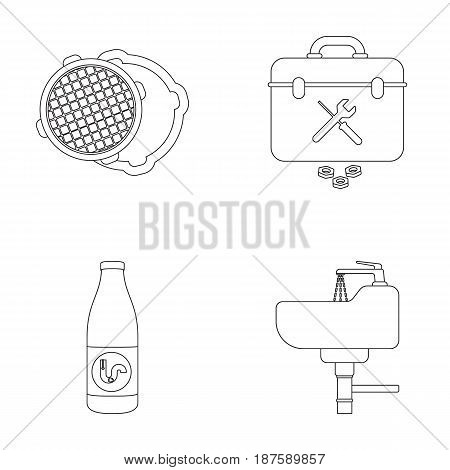 A sewer hatch, a tool box, a wash basin and other equipment.Plumbing set collection icons in outline style vector symbol stock illustration .