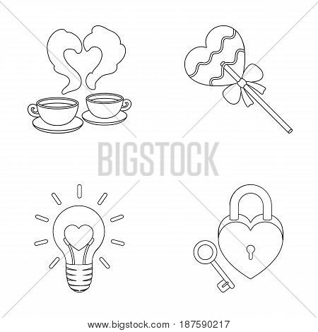 Cups with coffee, valentine, lamp, lock with key. Romantic set collection icons in outline style vector symbol stock illustration .