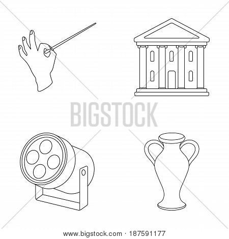 Conductor s baton, theater building, searchlight, amphora.Theatre set collection icons in outline style vector symbol stock illustration .