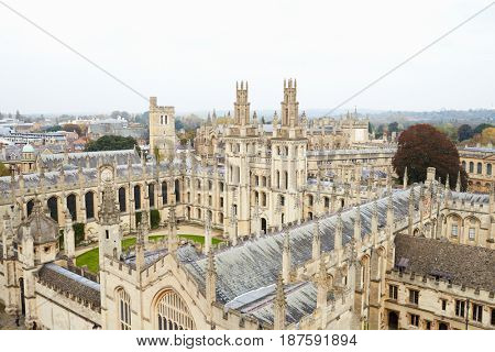 OXFORD/ UK- OCTOBER 26 2016: Aerial View Of Oxford City Showing College Buildings And Spires