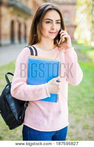 Happy Student Girl Speaking Mobile Outdoors Summer Campus Exam Time