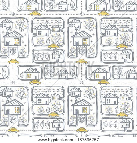 Vector silver grey and yellow doodle town streets seamless repeat pattern bacgkround design. Great for springtime greeting cards, invitations, moving announcements, fabric, wallpaper, wrapping projects. Surface pattern design.