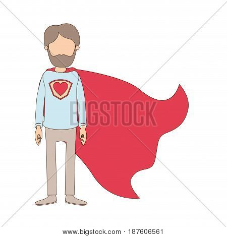 light color caricature faceless full body bearded super man hero with heart symbol in uniform vector illustration