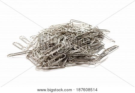Silver paper clip isolate on white background