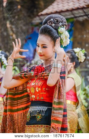 NAKORN PHANOM THAILAND - FEBRUARY 14 2015: Thai northeastern dance in Phutai world event day in Renunakorn of Nakorn Phanom Thailand