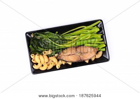 Fried Chinese Kale And Macaroni With Deep-fried Dried Salted Sea Fish.
