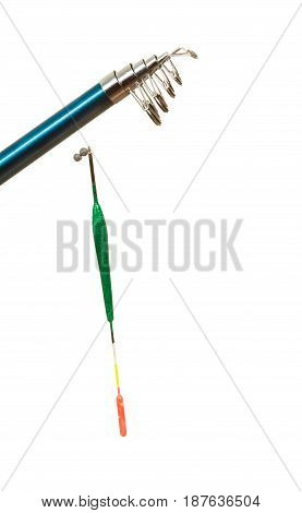 Spinning sport equipment concept. Person holding fishing rod with float and waggler with line.