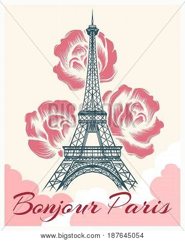 Bonjour or hello Paris retro poster. French spring and summer vector illustration with eiffel tower and flowers for girls fashion design