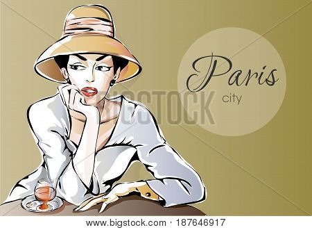 Beautiful Parisien Woman Sitting At Street Cafe With Glass Of Wine. Dreaming Girl In Paris City Vect