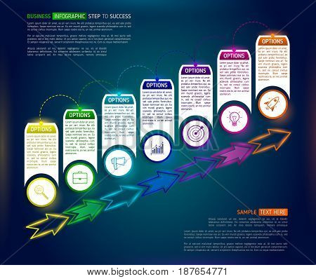 Dark stairs infographic design template with 7 multi colored successively connected circular elements with icons and text boxes. Abstract seven stairs to success with arrows.
