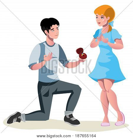 Man with ring makes an offer to a woman to marry. Proposal of marriage.