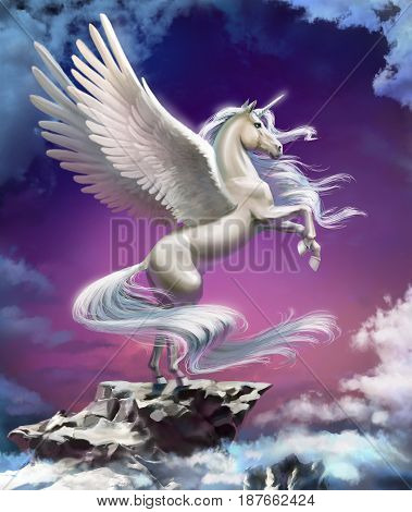 Unicorn with wings standing against the sunset background