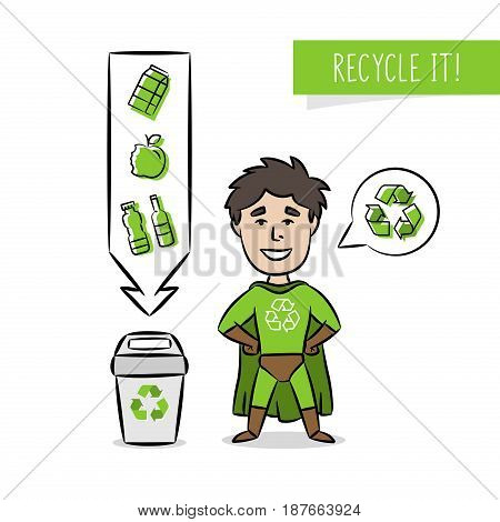 Superhero with recycle sign vector illustration. Recycling creative concept with cartoon character and dustbin. Ecological banner template.