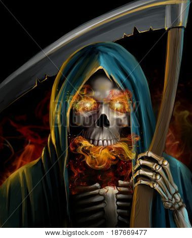 Death with a scythe in a raincoat, close-up