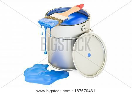 Can with blue paint and brush 3D rendering