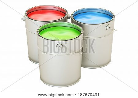 Cans with color paint RGB concept. 3D rendering isolated on white background