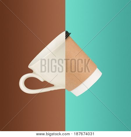 The collage from images of cups of coffee on colored background. The concept of old and new cups