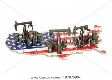 USA map with oil barrels and pumpjacks. Oil production concept. 3D rendering