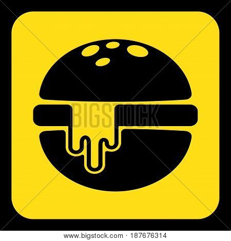yellow rounded square information road sign - black hamburger with melted cheese icon and frame