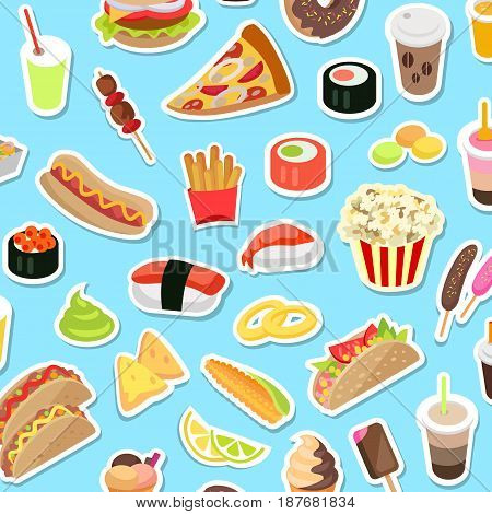 Fast and junk kinds of food scattered on blue background. Vector poster of pizza pieces, round sushi, pop corn, hot dog, ice cream on stick and in cone, drinks in covered cups with straws and doughnut