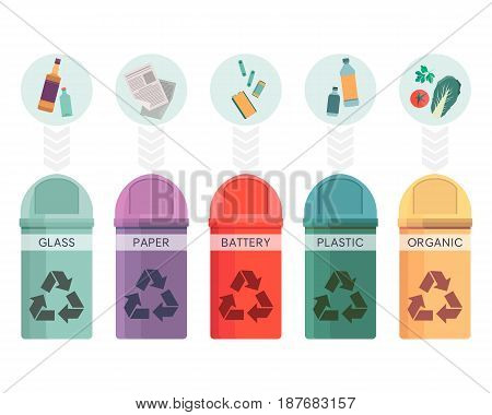 Colorful collection of garbage bins. Recycle containers set for sorted waste glass, paper, battery, plastic and organic. Five different trash can. Graphic illustration