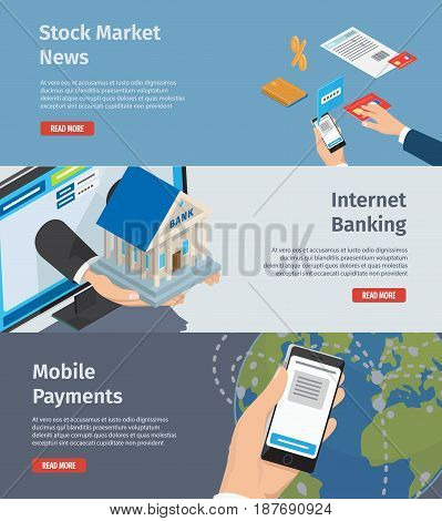 Internet banking, stock market news and mobile payments page with instructions. Banking attributes, Smartphone in arm and hands stretch out bank model from computer monitor vector illustration.