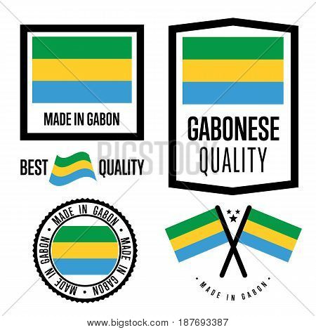 Gabon quality isolated label set for goods. Exporting stamp with gabonese flag, nation manufacturer certificate element, country product vector emblem. Made in Gabon badge collection.