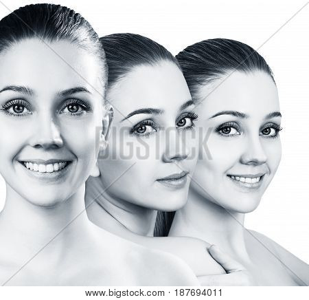 Collage of young beautiful woman's face over white background.