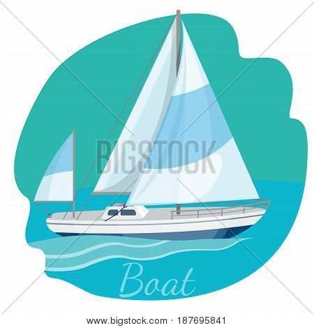 One-decked boat with sails vector illustration isolated on blue. Traveling by sea concept. Modern yacht realistic design