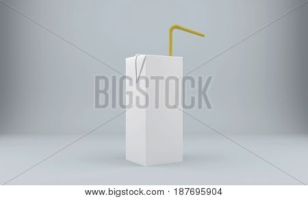 Blank milk or juice carton package with straw over gray background. 3D rendering