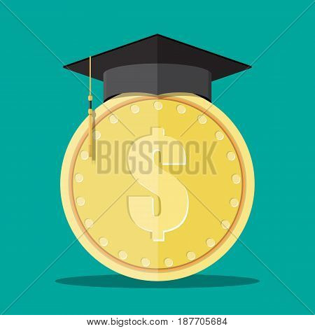 Graduation cap and gold coin. Education savings and investmet concept. Vector illustration in flat design.