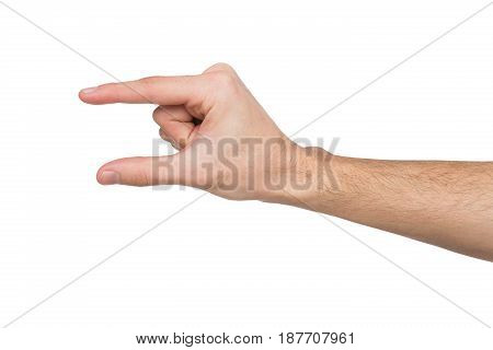 Male hand measuring invisible items, man's palm making gesture while showing small amount of something on white isolated background, side view, close-up, cutout, copy space