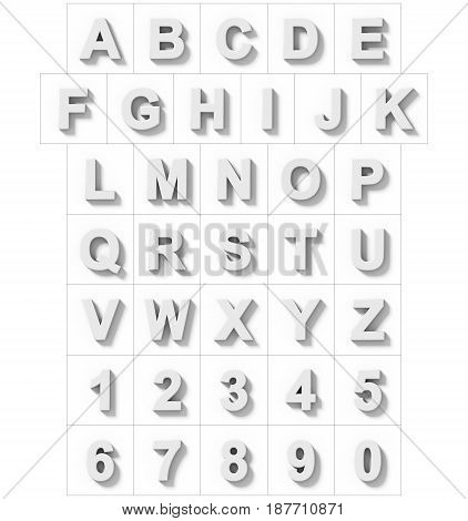 Letters And Numbers 3D White Isolated On White With Shadow - Orthogonal Projection